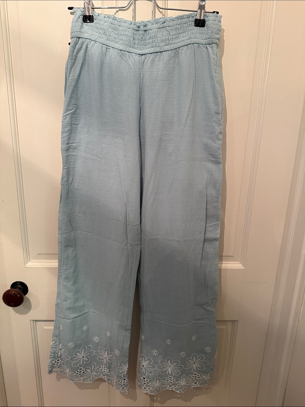 abercrombie kids Light Blue Wide-Leg Pants with Floral Embroidered Hem